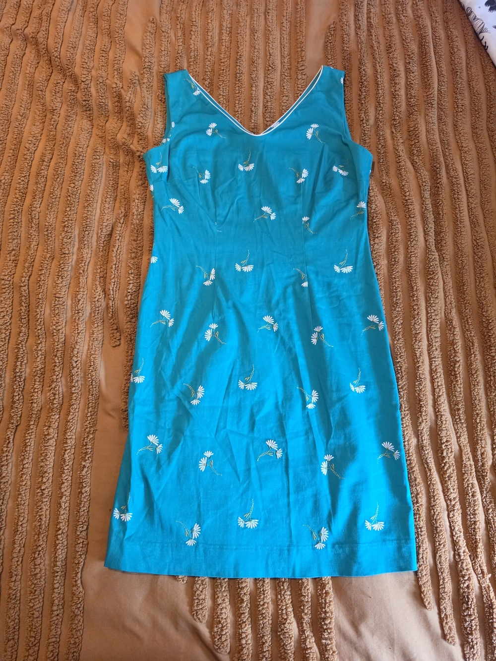 Vintage Amanda Smith Petite Teal Daisy Embroidered Shift Dress - Size 2P